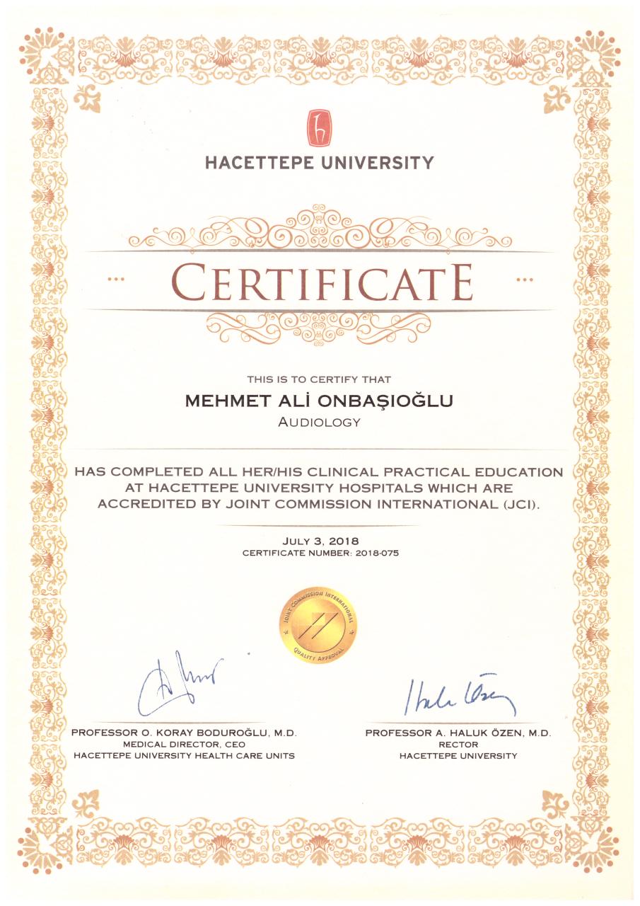 Audiology Department JCI Akreditasyonlu Klinik Pratik Diploması — Mehmet Ali Onbaşıoğlu — 3 Temmuz 2018